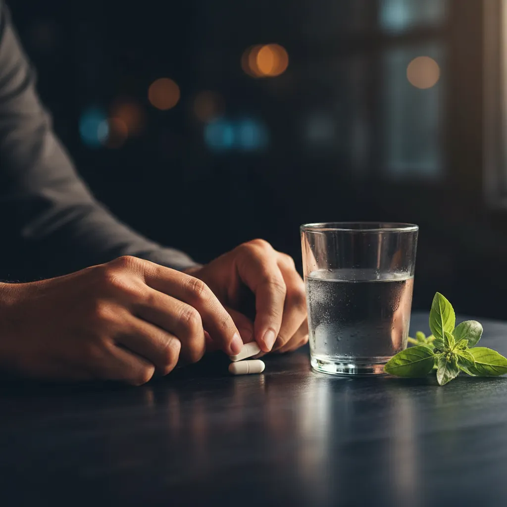 Händer placerar en vit kapsel på träbord vid ett glas vatten och gröna örter